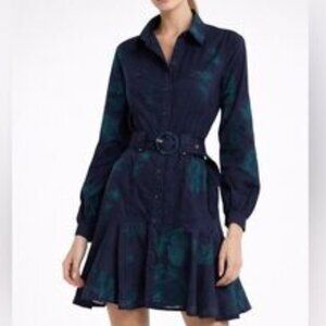 CIEBON Ina Jacquard Utilitarian Romantic Bloomcore Cotton Shirtdress Navy L